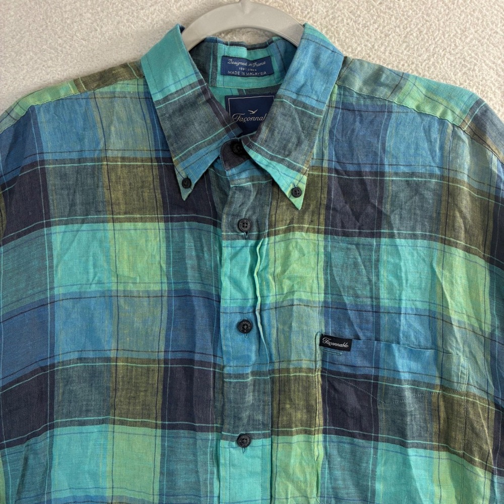 Faconnable Linen Button Shirt Men L Green Blue Plaid Summer Breathable Preppy